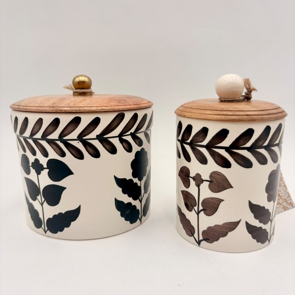 Set of 2 Ceramic Canisters Wooden Lids Farmhouse Floral Hand Painted in India